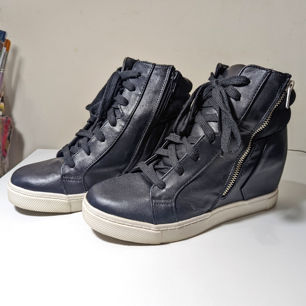 Faux Leather Black Candie's Wedge Sneakers with Side Zipper